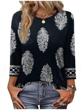 Women's 3/4 Sleeve T-Shirt Loose Fit Crew Neck Dressy Casual Polyester Spandex